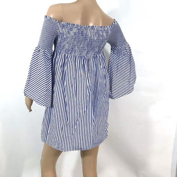 Zara Smocked Dress Bell Sleeve Blue White Striped Casual Dress S - Picture 9 of 15